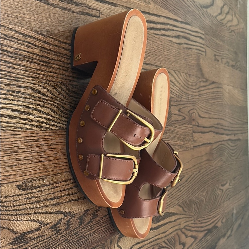 Veronica Beard Brown Leather Buckle Slide Heels